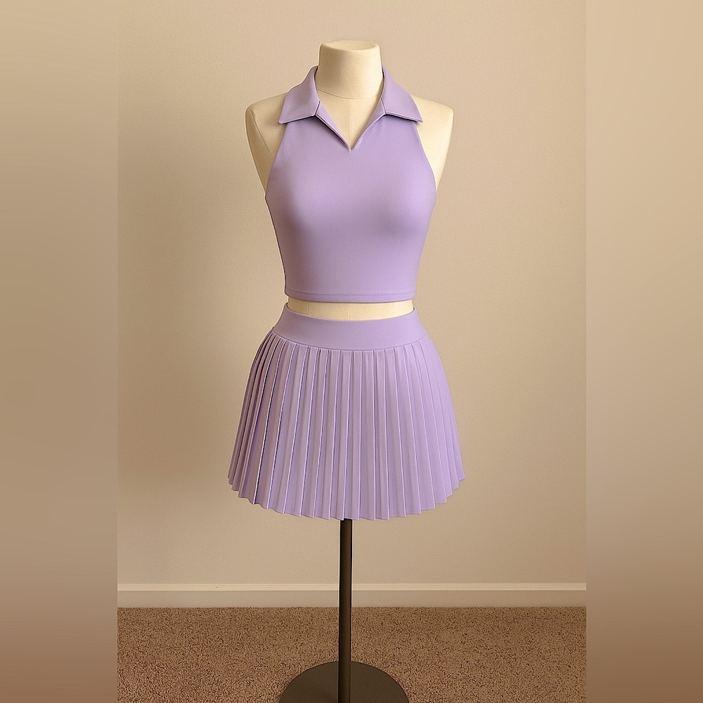 💜Tennis-Core Purple Pleated Skirt & Crop Top Matching Two-Piece Set – Small 💜